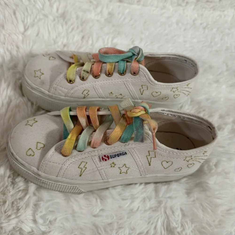 Superga White Platform Sneakers with Multicolor Laces Size 6